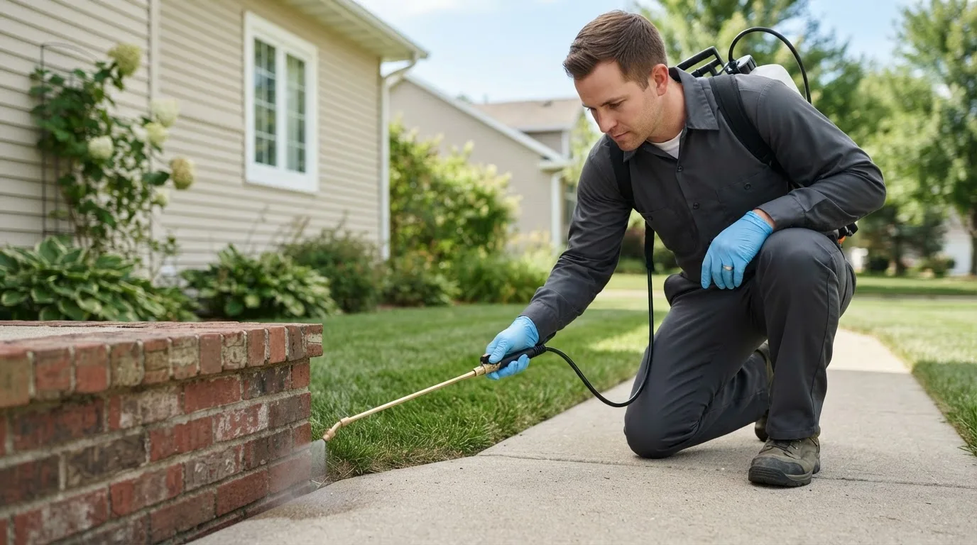 Pest control technician treating a home near Grundy Center, IA